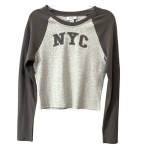 Just Polly Shirt Graphic Long Sleeve NYC Logo Cropped Top Gray Dark Gray Size XL